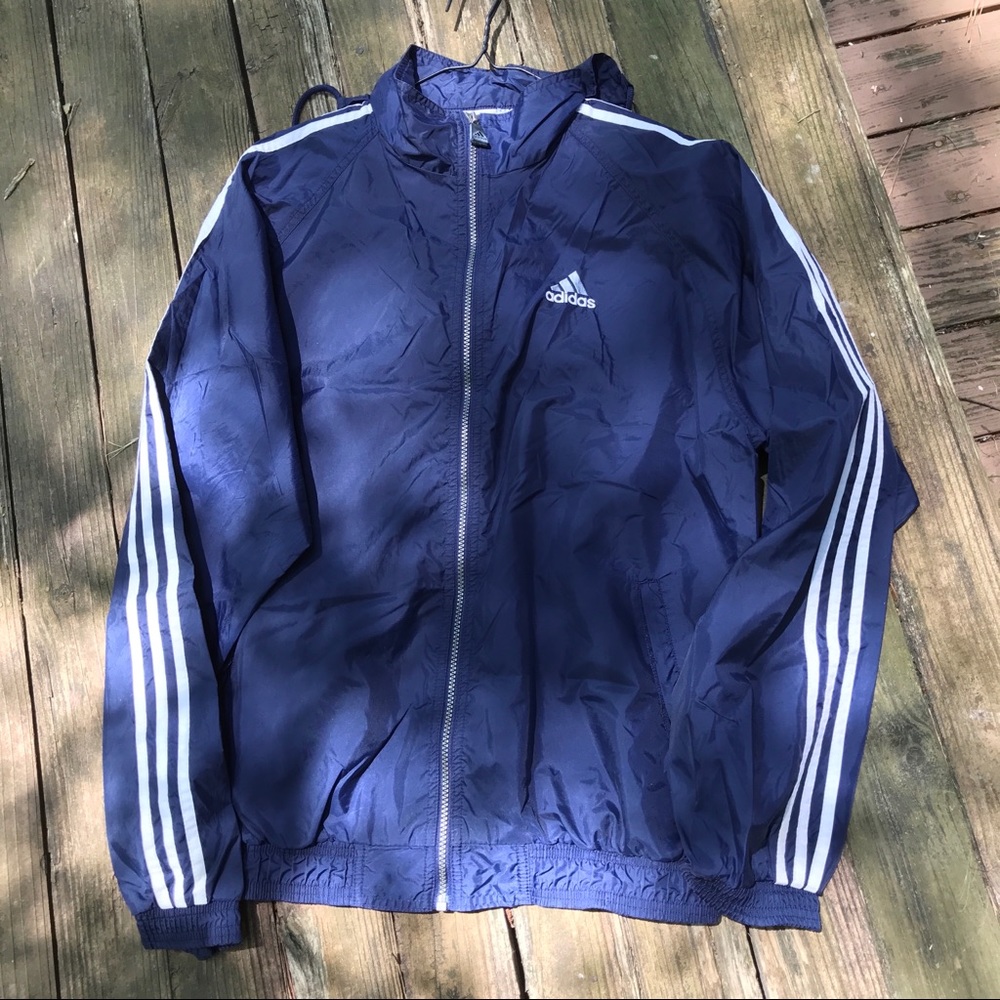 Vintage 90s 00s Blue Black Adidas Embroidered Three Stripe Windbreaker XL